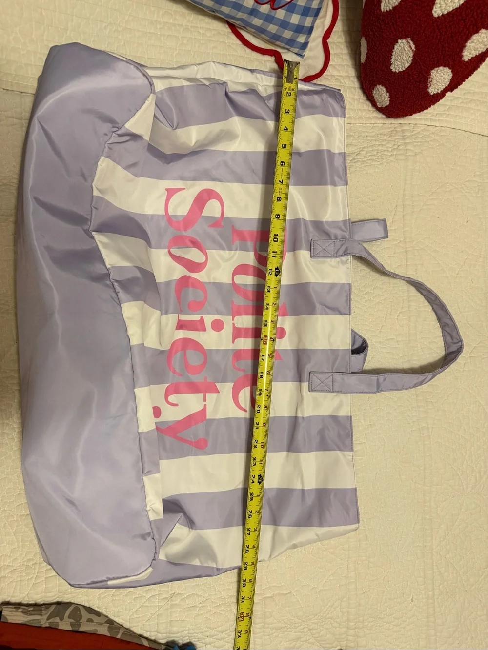 Polite Society Lavender & White Striped Cabana Tote Bag with Pink Logo